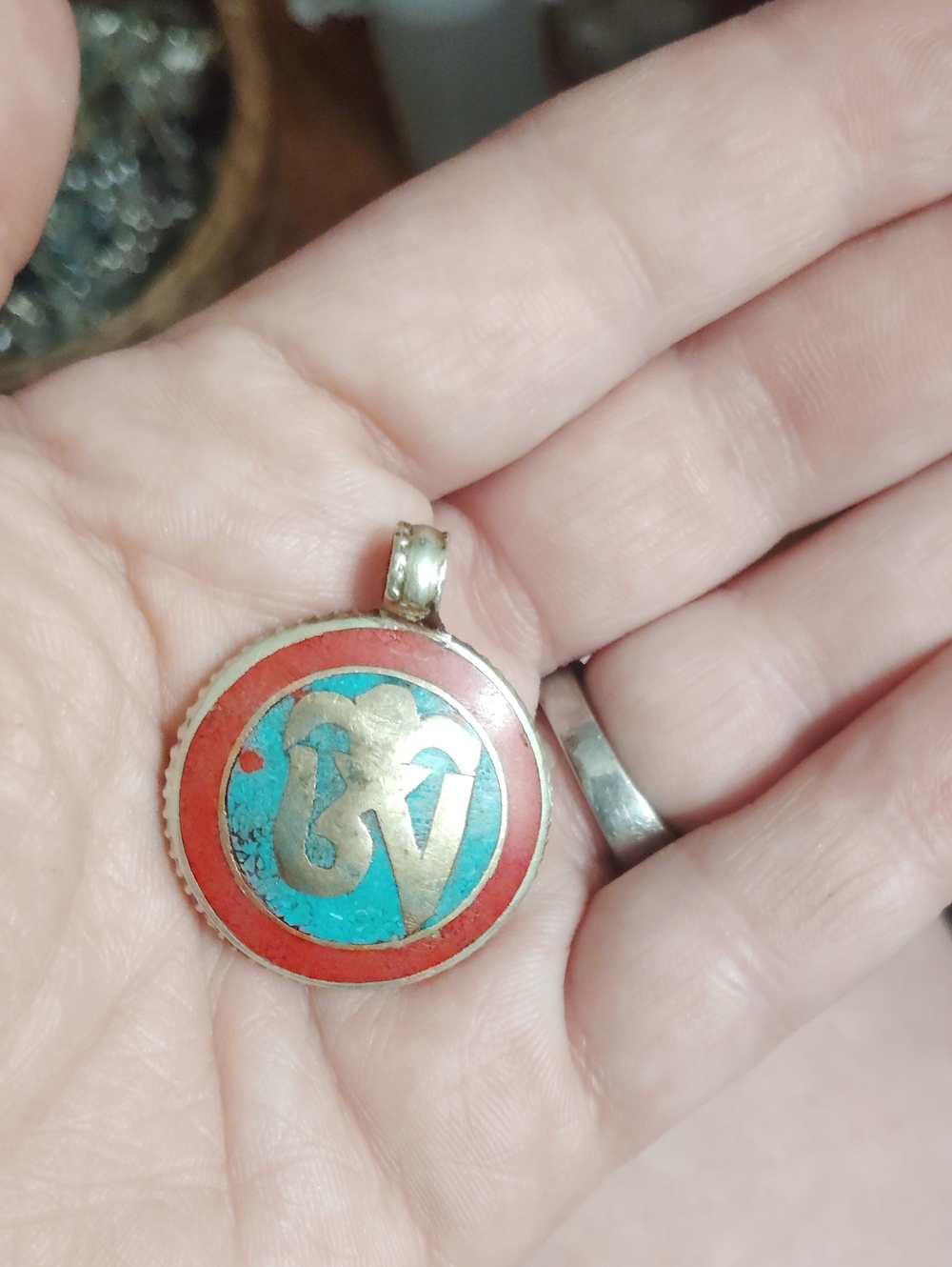 Turquoise and Red Enamel Om Pendant Necklace